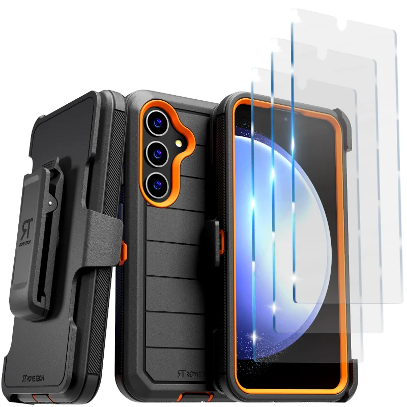 Samsung Galaxy S24 Ultra (2024) Rome Tech Defender Series Case w:Tempered Glass Screen Protector 3 Per Pack Black : Orange