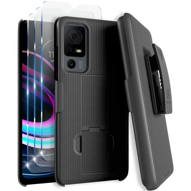 TCL 40 XL (2023) Rome Tech Shell Holster Combo Case w:Tempered Glass Screen Protector 3 Per Paсk Black